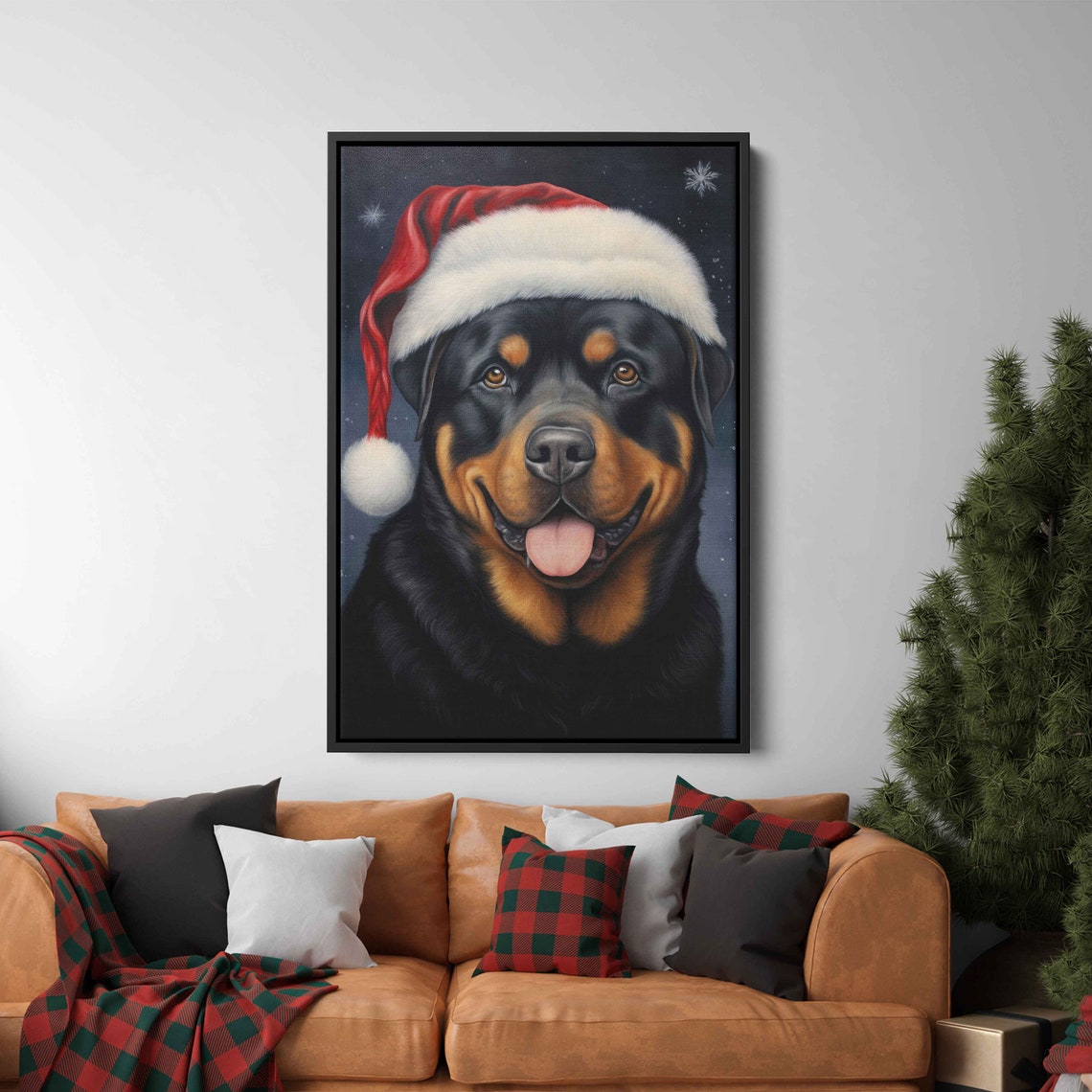 Smiling Rottweiler Wearing Santa Hat Christmas Portrait Poster