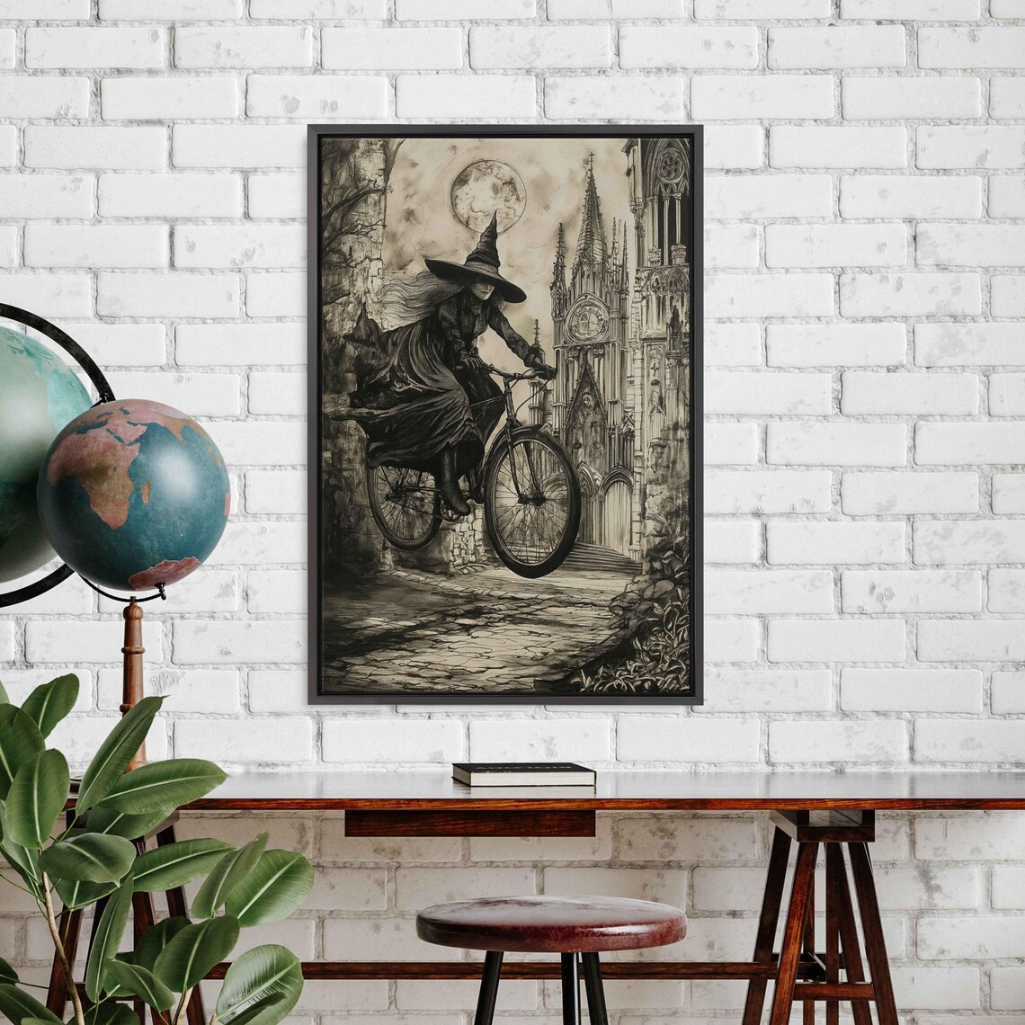 Gothic Witch Riding Bicycle Past Cathedral Under Full Moon Halloween Poster
