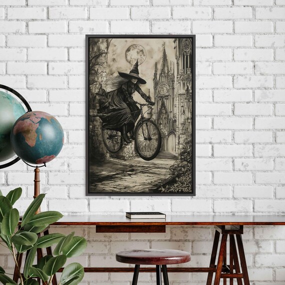 Gothic Witch Riding Bicycle Past Cathedral Under Full Moon Halloween Poster