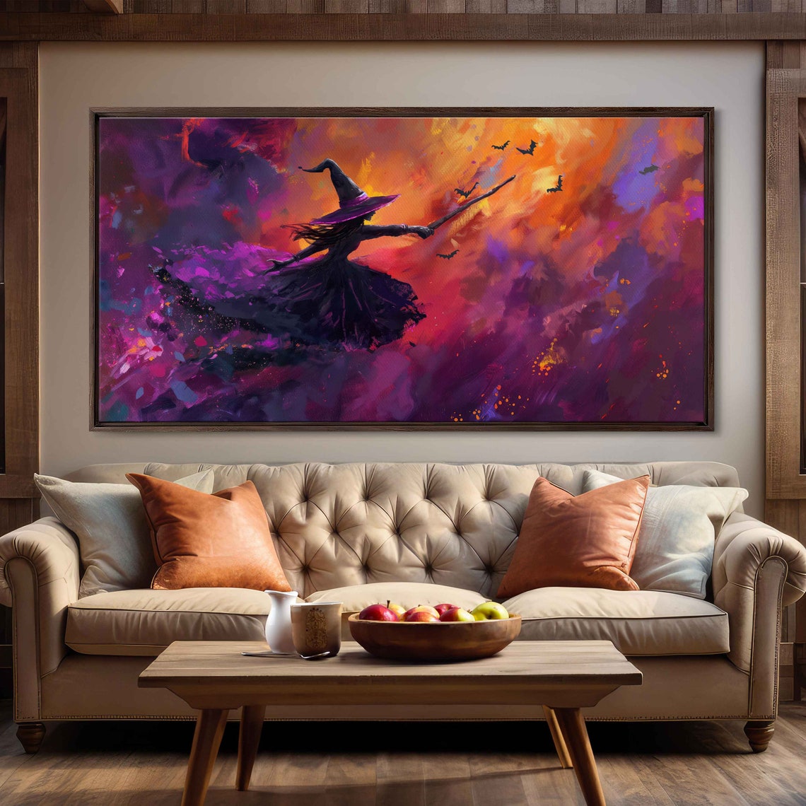 Witch Flying Broomstick Through Vibrant Night Sky Bats Halloween Print - Image 3