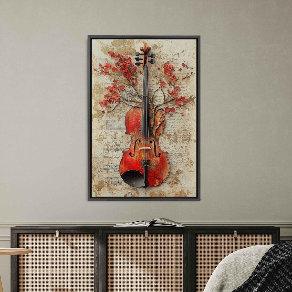 Surreal Violin Shaped Tree, Whimsical Collage Style