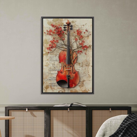 Surreal Violin Shaped Tree, Whimsical Collage Style
