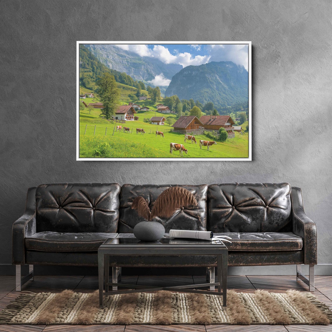 Green Alpine Pasture With Cows And Chalets Mountain Valley View Print - Image 3