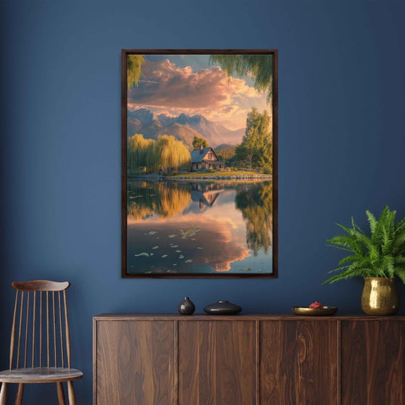 Tranquil Cottage By Lake Surrrounded By Weeping Willow Trees Wall Art Print Cloudy Mountain Range Ready To Hang