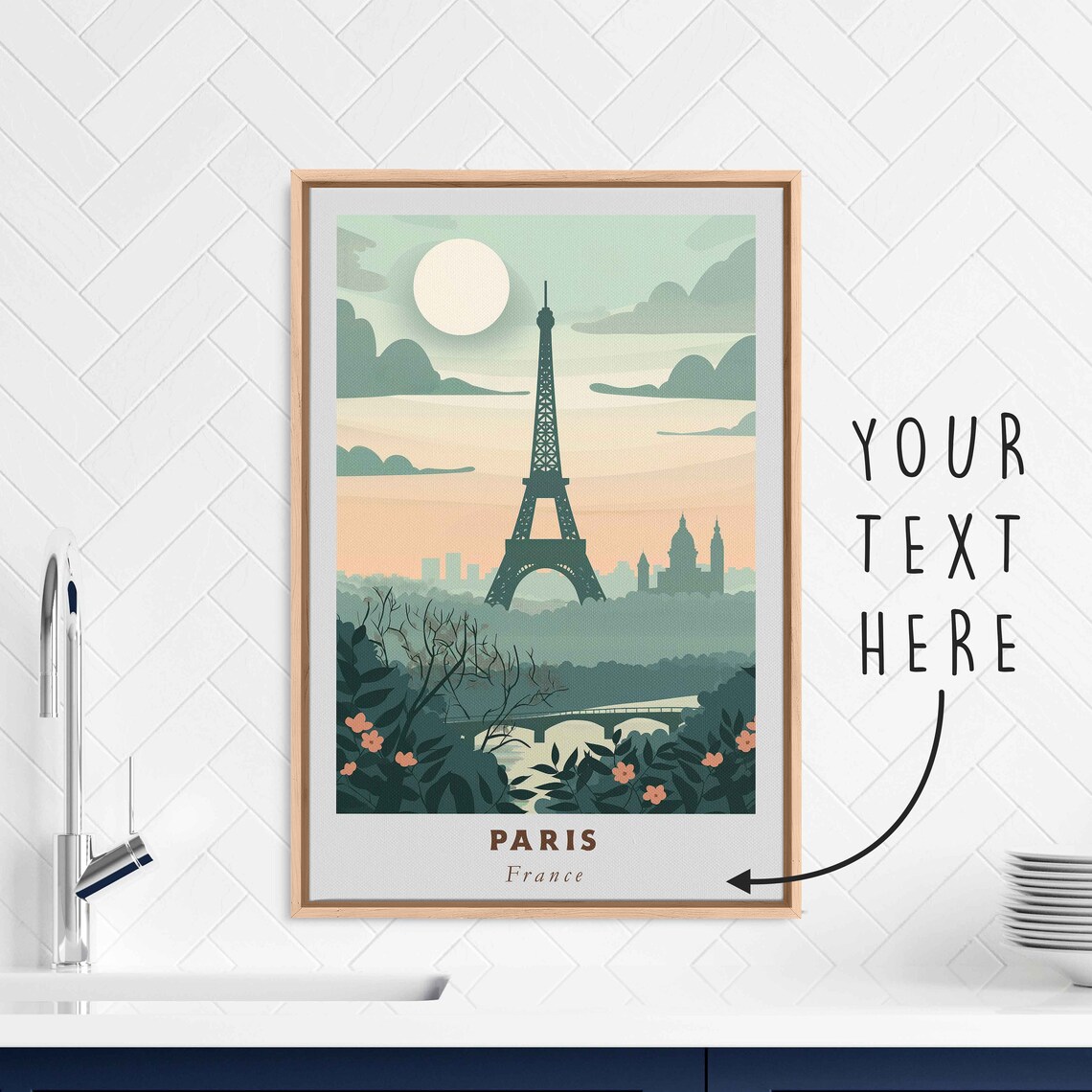 Paris France Eiffel Tower Garden Blossom Minimalist Travel Poster