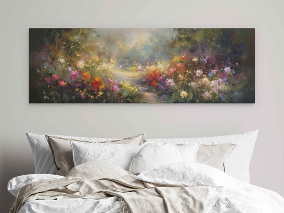 Colorful Panoramic Flower Garden Oil Painting Print On Bright Vibrant Colors Ready To Hang Perfect Mothers Day Gift