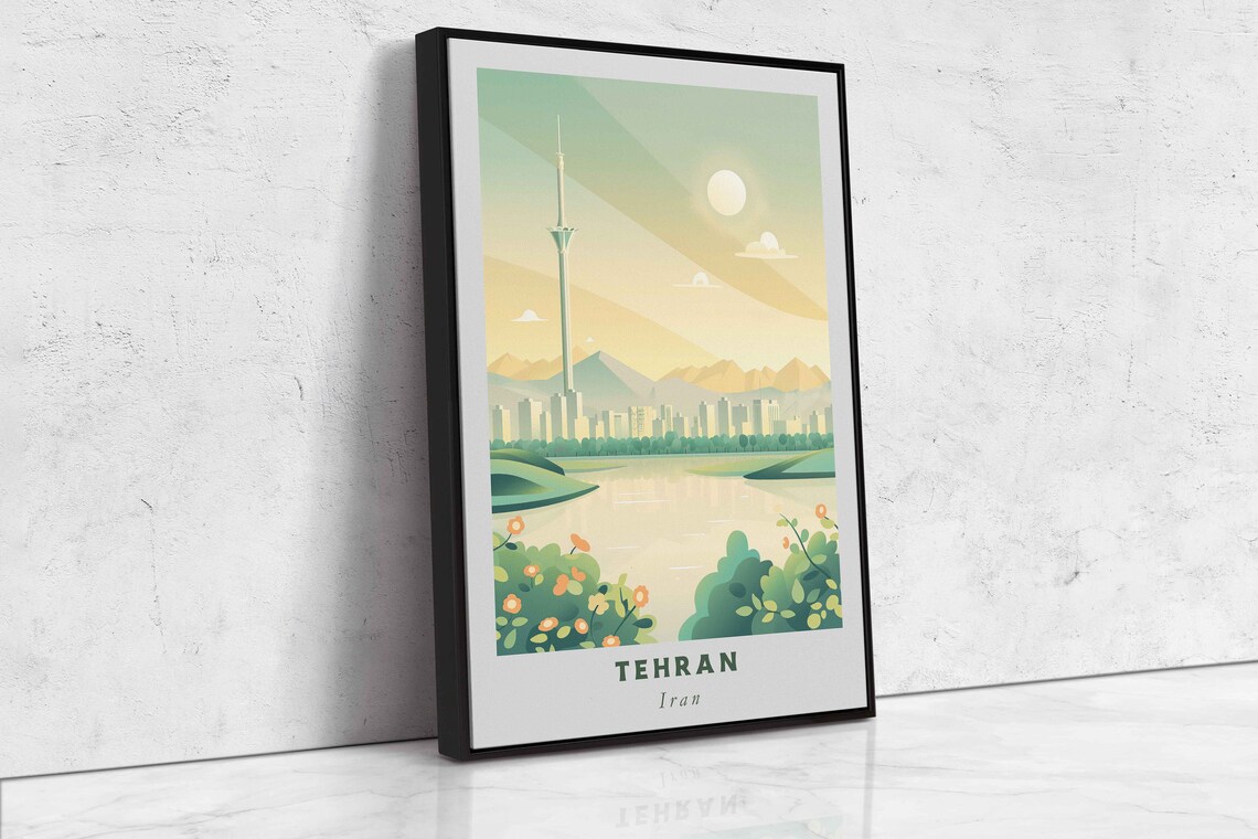 Tehran Iran Tall Tower Lake Mountains Vintage Green Art Poster - Image 2