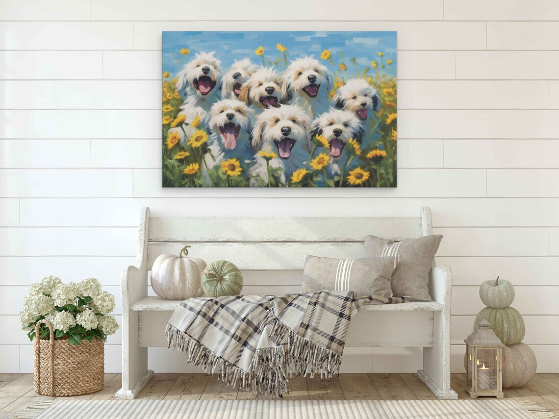 Smiling White Dogs Among Sunflowers Happy Canine Painting Poster - Image 2