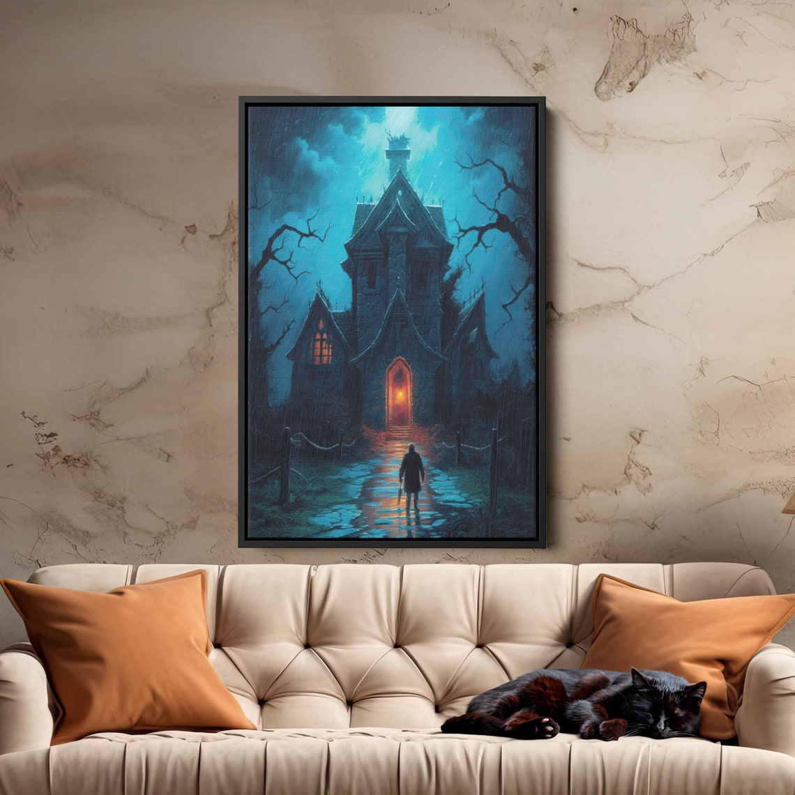 Spooky Haunted House Night Glowing Door Lone Figure Gothic Art Poster - Image 4