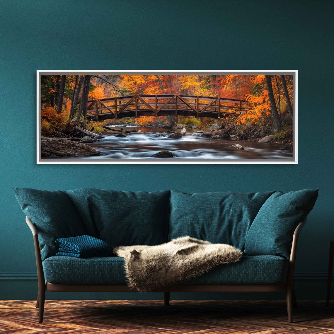 Rustic Wooden Bridge Over River In Autumn Forest Panoramic Poster