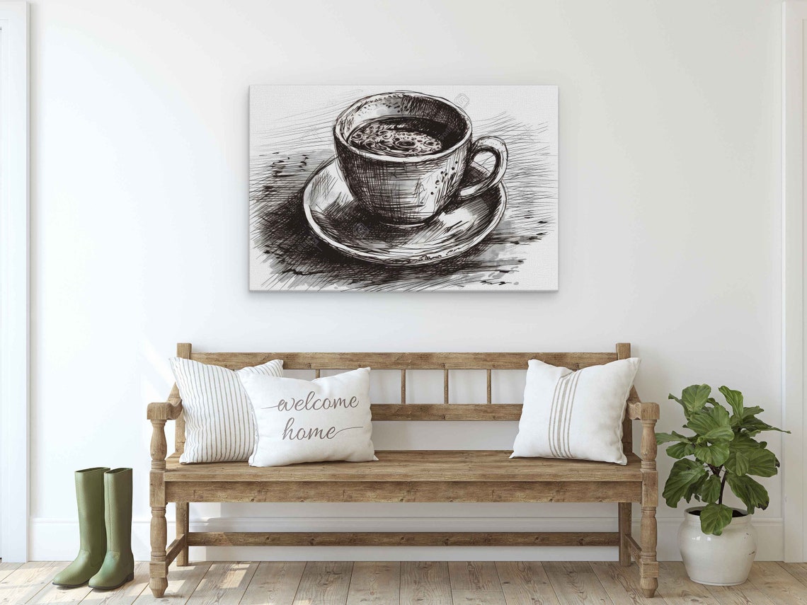 Coffee Cup Drawing Expressionist Pencil Art Illustration On Ready To Hang Gift For Coffee Lovers Kitchen Decor - Image 2