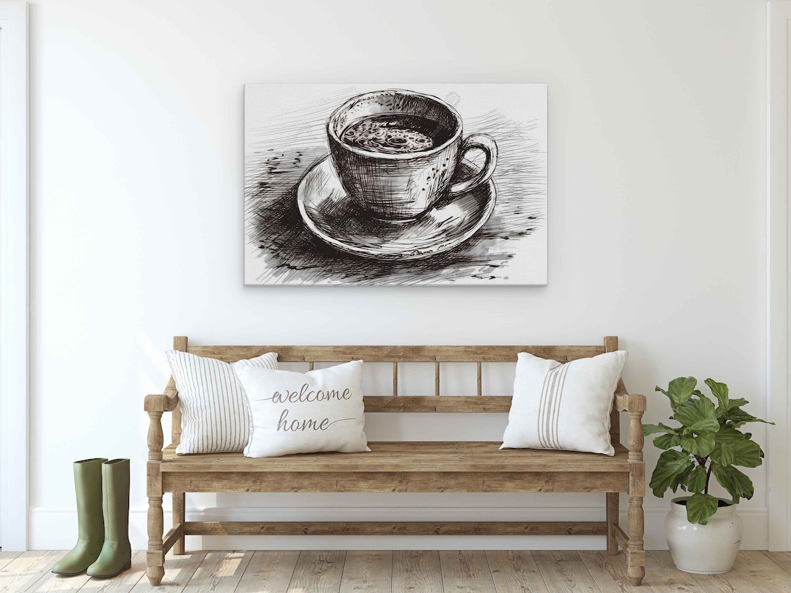 Coffee Cup On Saucer Pencil Sketch Drawing Kitchen Wall Art Poster - Image 2