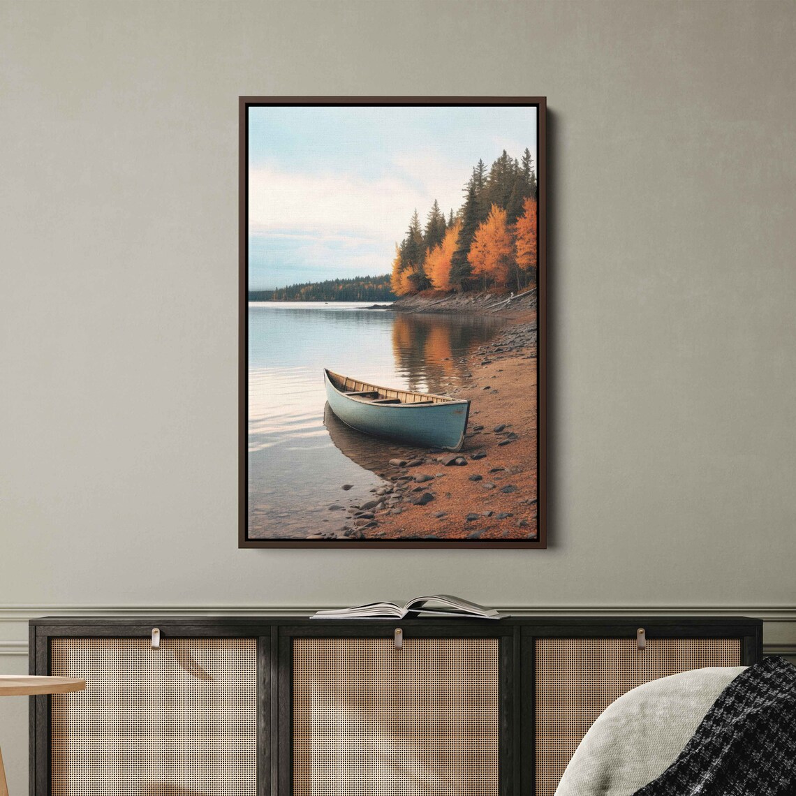 Rustic Canoe Peaceful Lakeshore Autumn Forest Reflections Calm Nature Poster