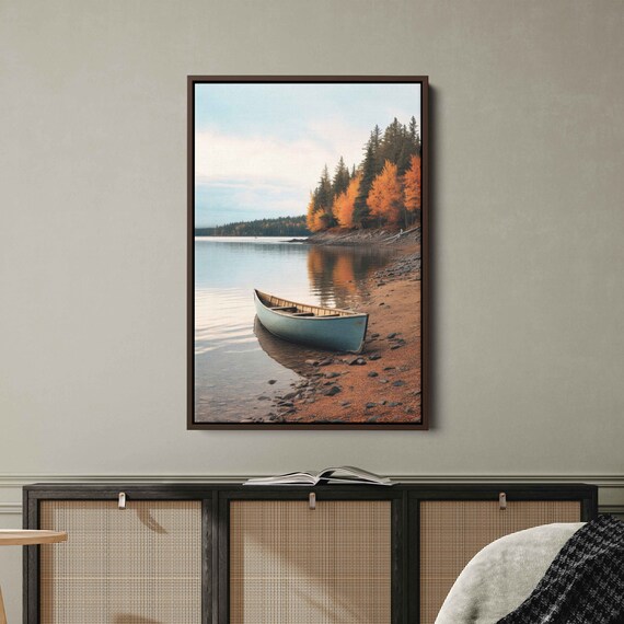 Rustic Canoe Peaceful Lakeshore Autumn Forest Reflections Calm Nature Poster