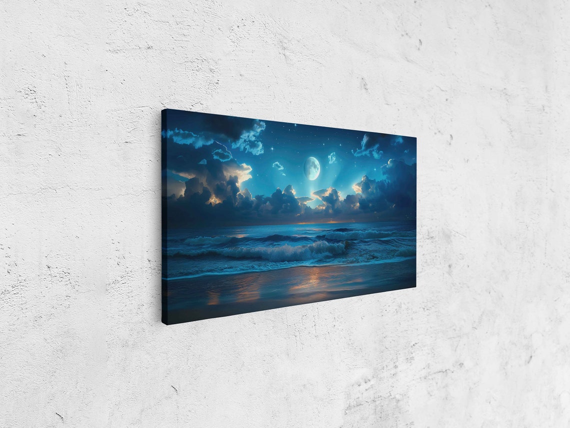 Full Moon Over Midnight Blue Ocean Dramatic Cloud Sky Poster - Image 4
