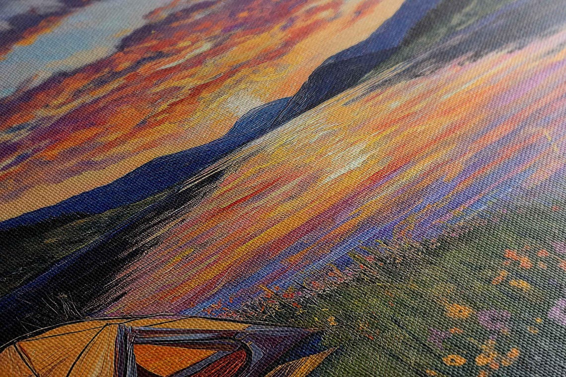 Tent By Lake At Sunset Wildflowers Reflection Purple Sky Art Poster - Image 2