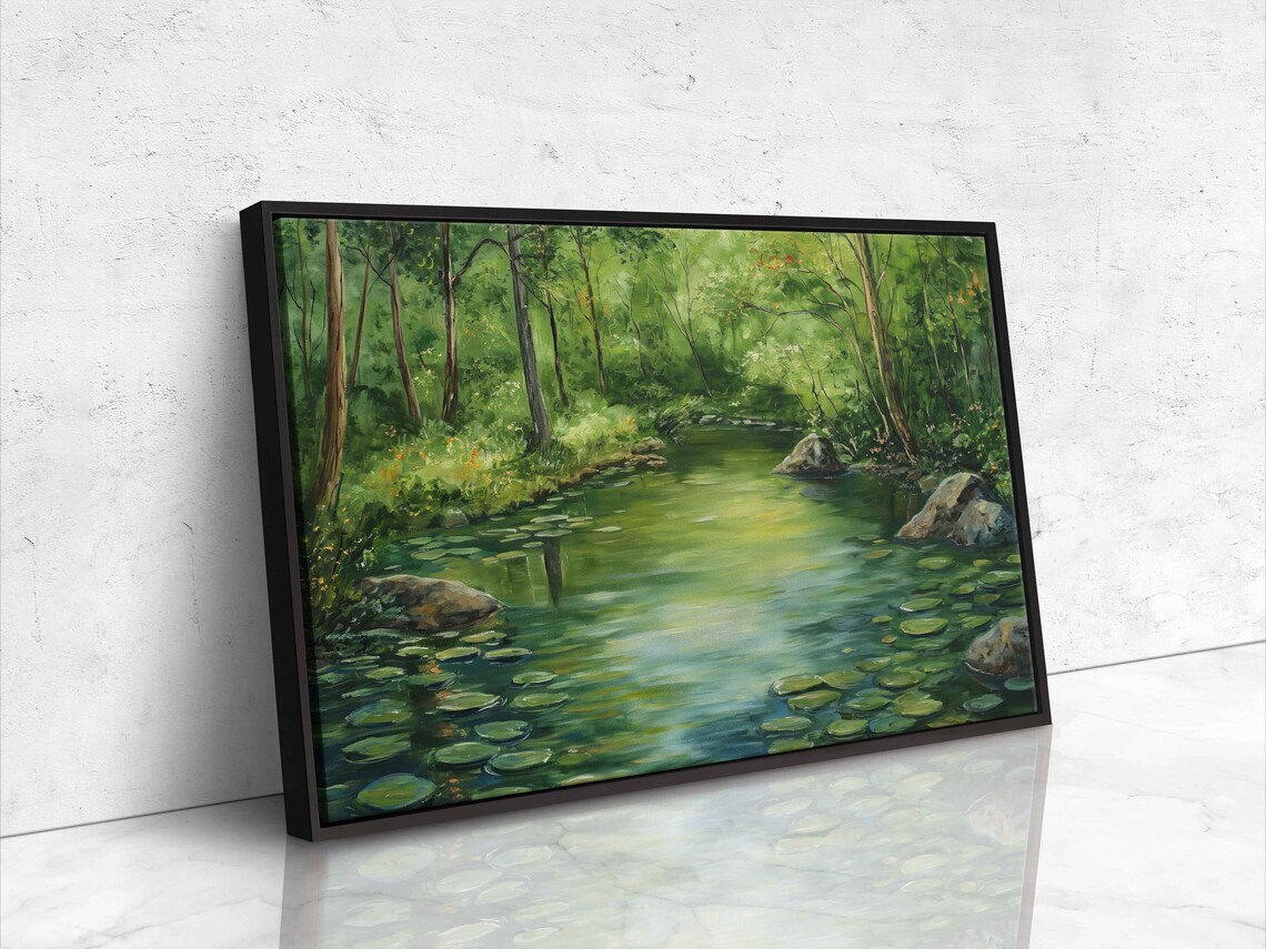 Tranquil Lake Inside Forest Painting Lily Pads Lush Greenery Wall Art Print Ready To Hang - Image 4