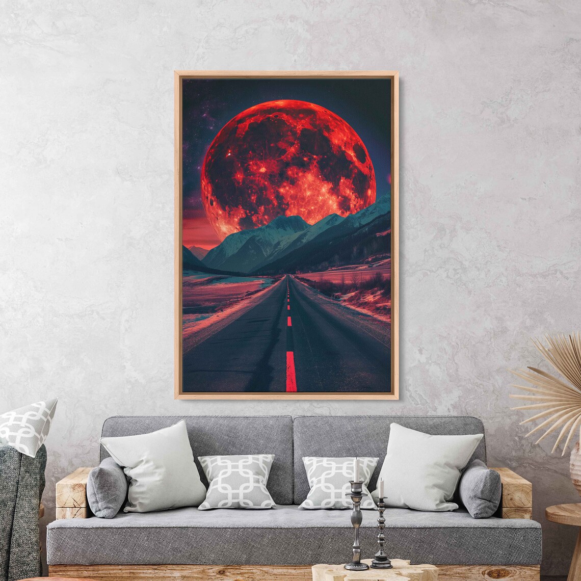 Giant Red Moon Over Mountain Range On The Horizon Wall Art Print Lonely Desert Road Ready To Hang - Image 2