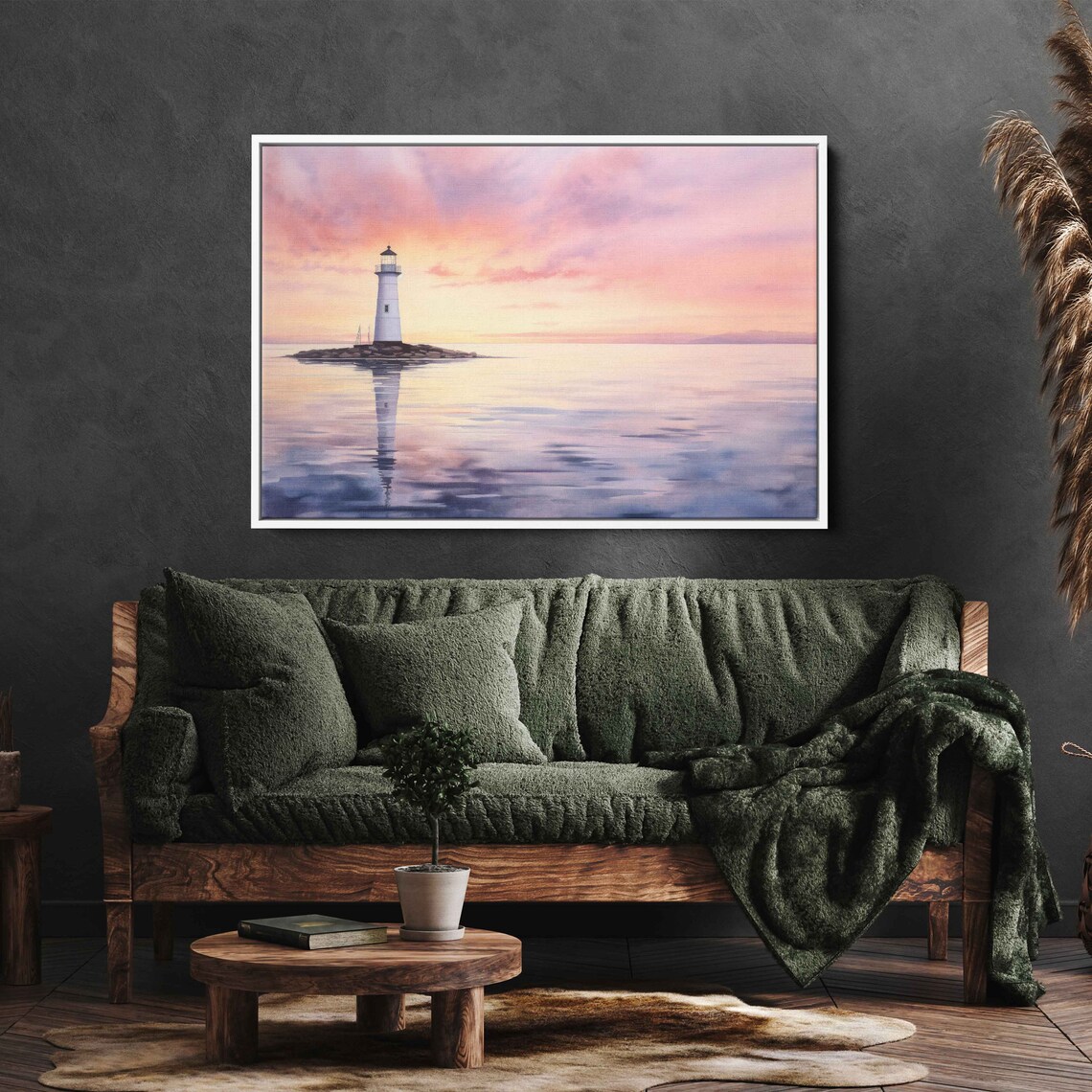 White Lighthouse On Rocky Island Calm Sea Pink Sunrise Watercolor Poster - Image 2