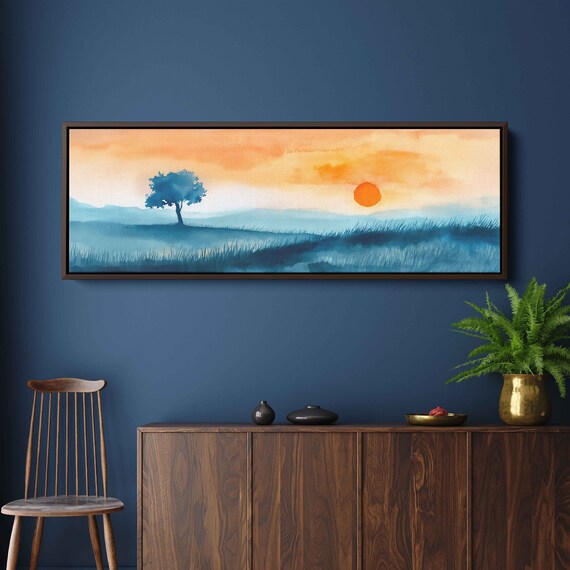 Panoramic Minimalist Watercolor Painting Single Tree In Valley At Sunset Wall Art Print Ready To Hang