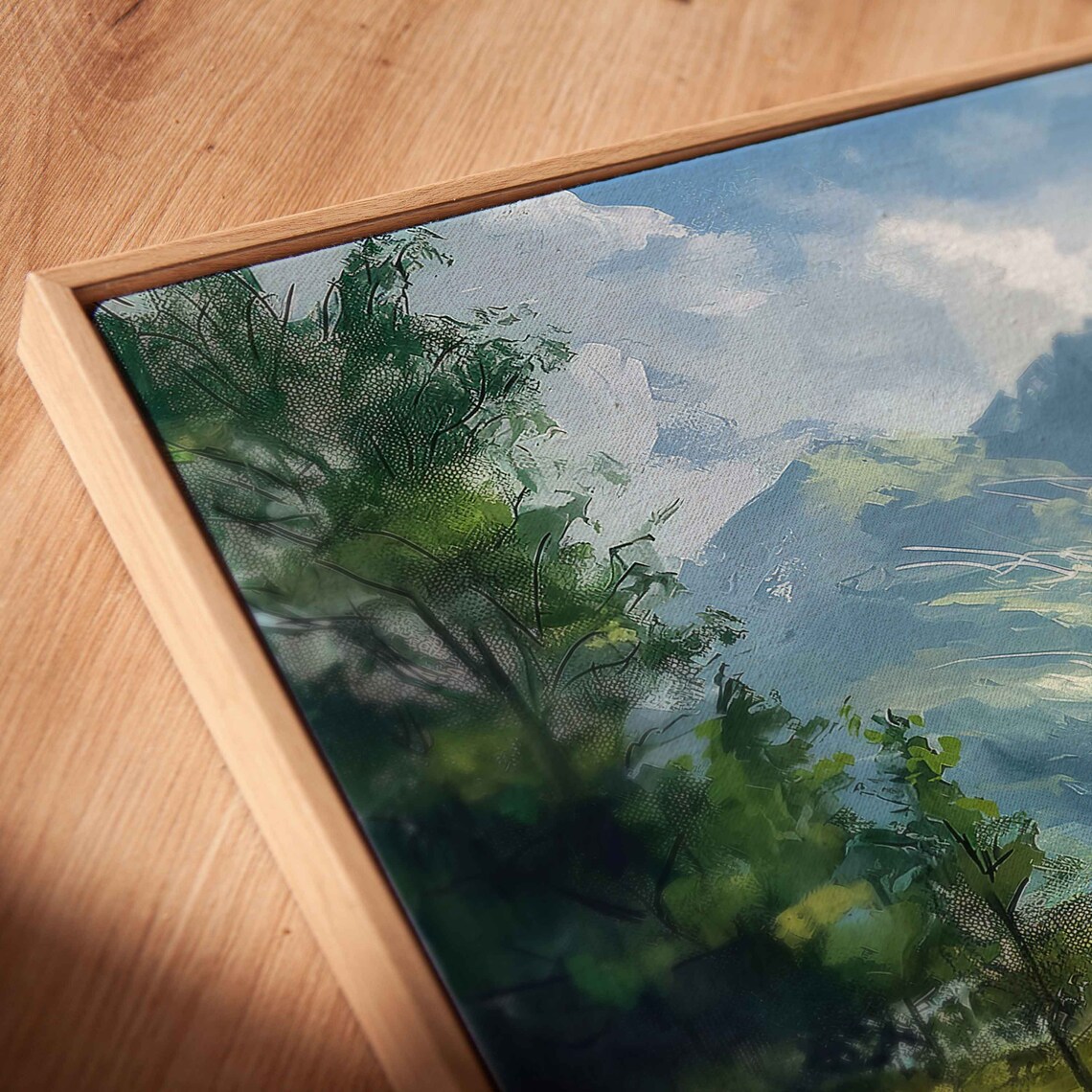 Green Valley River Mountain Landscape Cloudy Sky Painting Wall Art - Image 2
