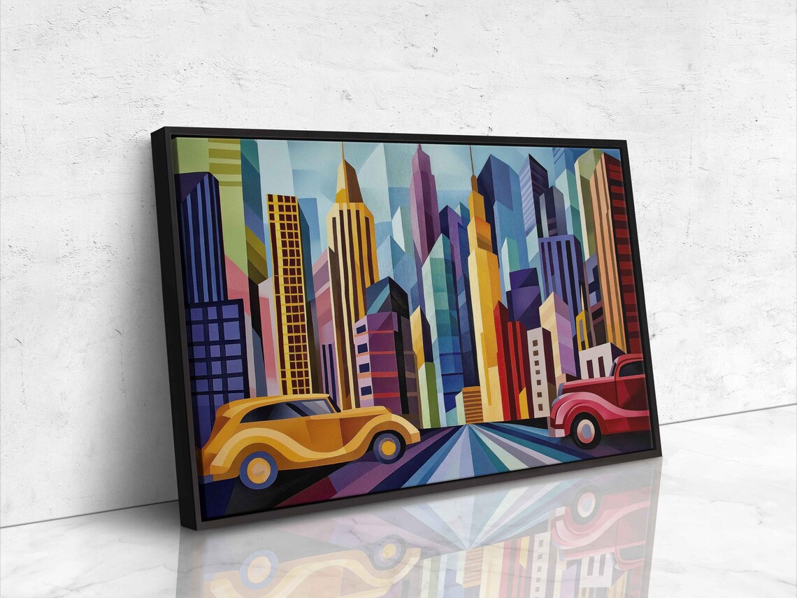 Art Deco Metropolis With Vintage Cars Geometric Cityscape Poster - Image 4