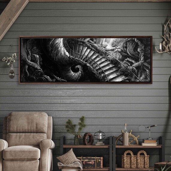 Gothic Spiral Staircase Twisted Roots Ghostly Figures Ink Art Halloween Poster