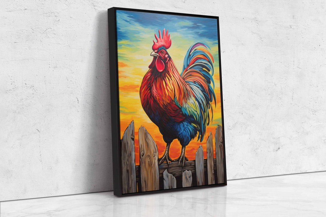 Colorful Rooster on Fence Sunset Sky Rustic Farmhouse Kitchen Wall Art - Image 4