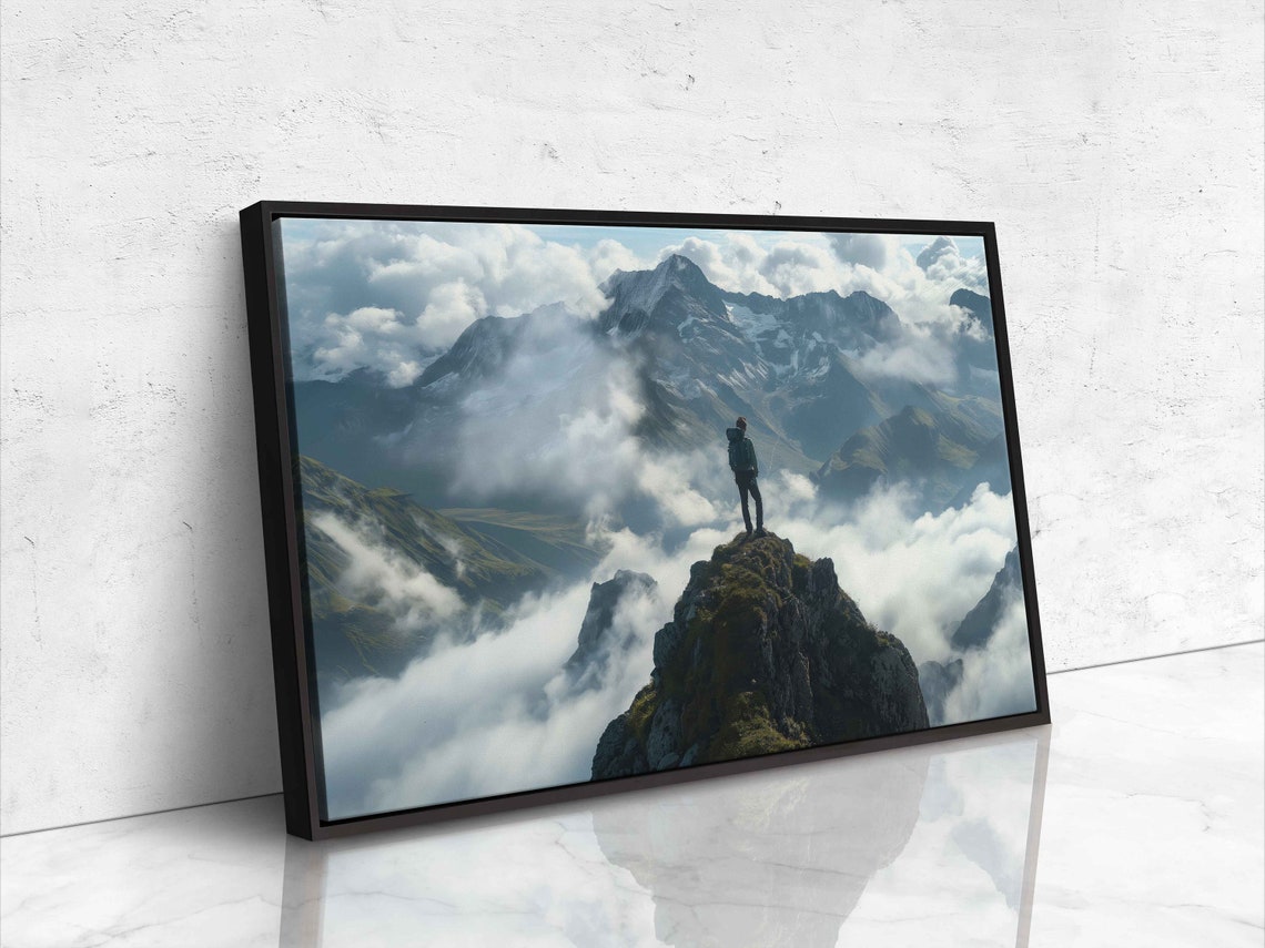 Hiker Standing On Peak Above Clouds Misty Mountain Range Poster - Image 4