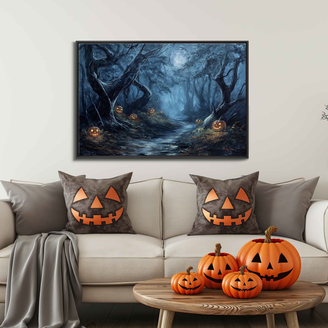 Enchanted Moonlit Forest Path With Glowing Jack O Lanterns Blue Night Wall Art - Image 3