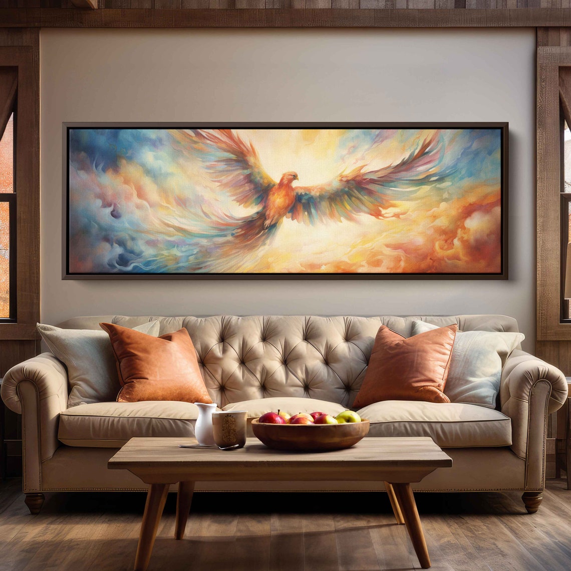 Phoenix Soaring Pastel Clouds Watercolor Panoramic Rebirth Bird Art - Image 2