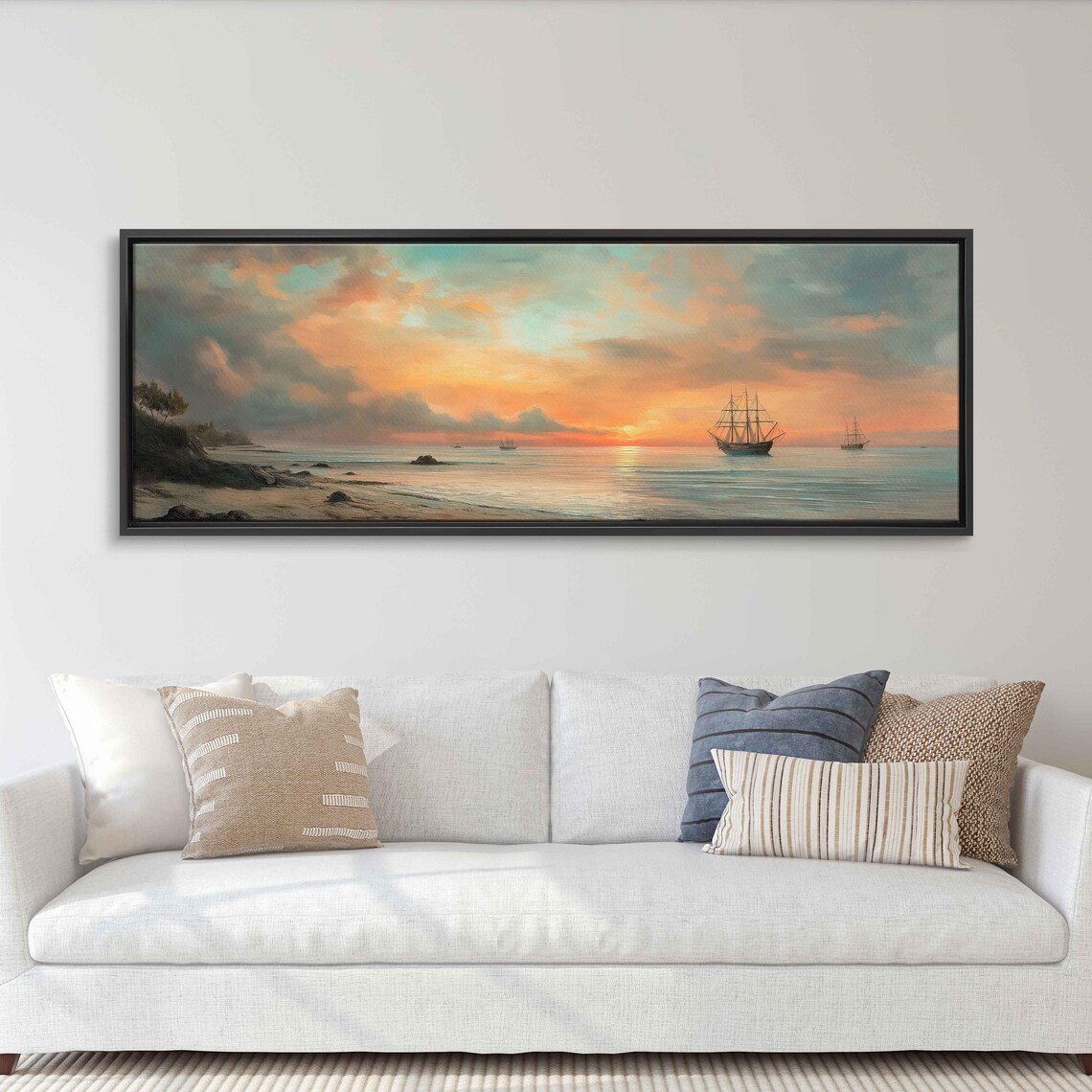 Vintage Tall Ships Sailing At Sunset Pastel Ocean Coastline Art Poster