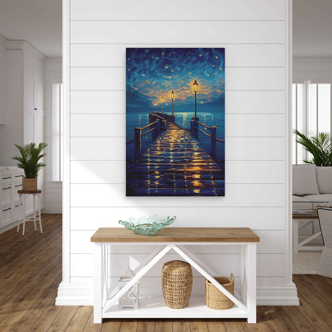 Starry Night Beach Pier Glowing Lantern Lights Over Ocean Waves Art Poster - Image 2