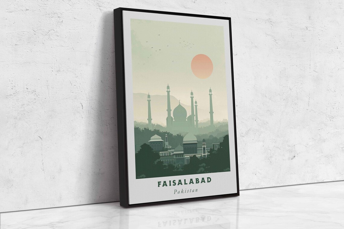 Faisalabad Pakistan Mosque Minarets Misty Sunrise Travel Poster - Image 2