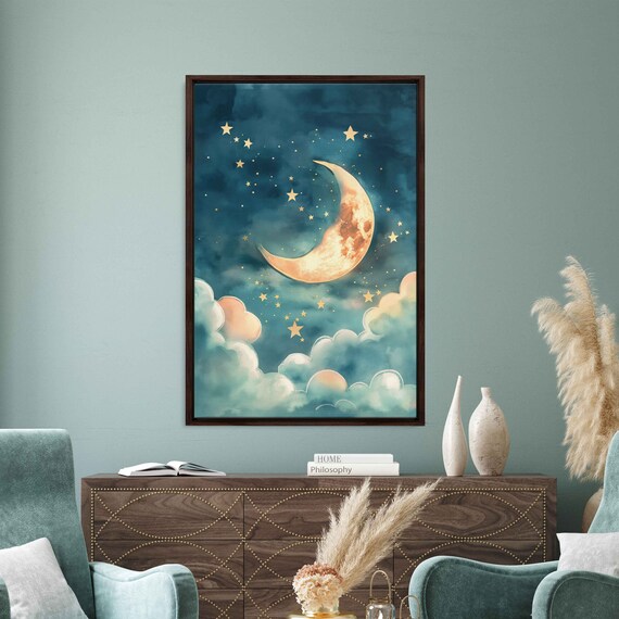 Golden Crescent Moon Starry Night Clouds Dreamy Watercolor Nursery Poster