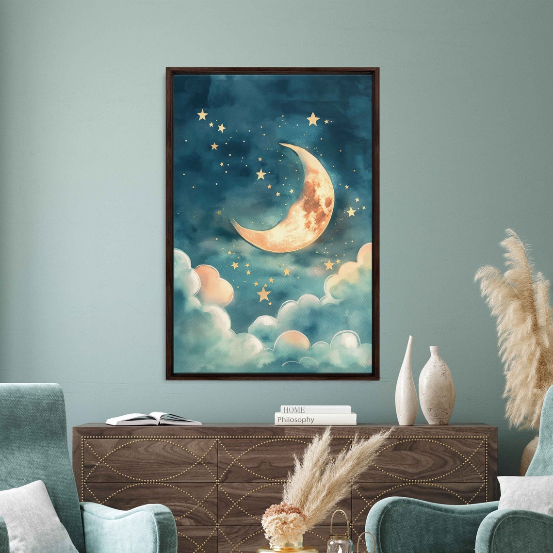 Crescent Moon Star Filled Night Sky Colorful Clouds Wall Art Print Ready To Hang