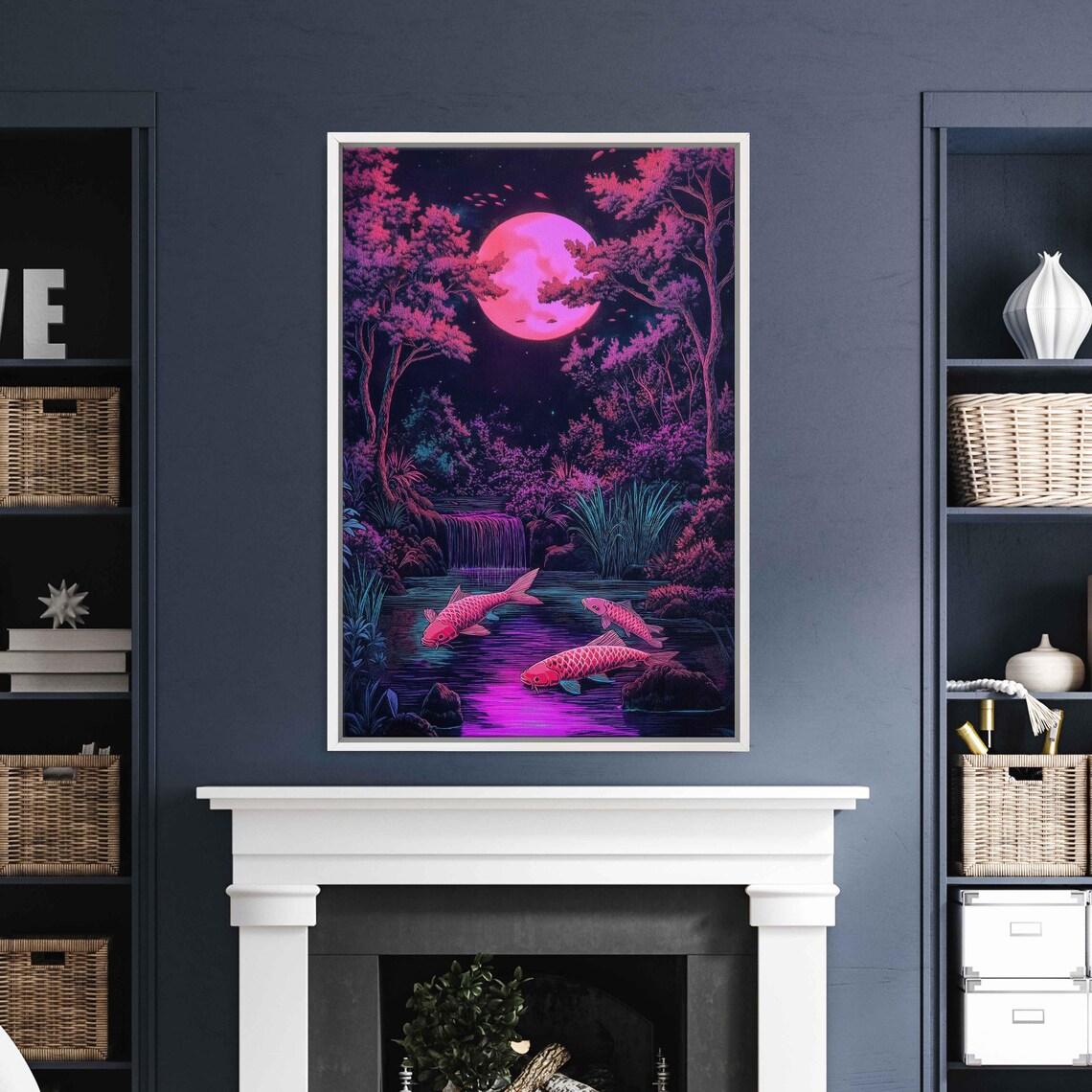 Koi Pond Under Pink Moon Wall Art Print Neon Colors Iridescent Fish Serene Atmosphere