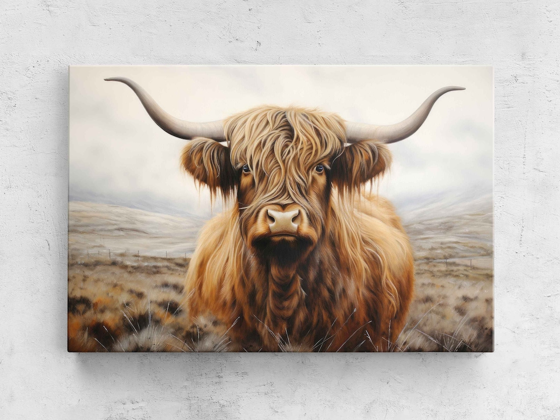 Highland Cow Close Up Portrait Misty Moor Golden Fur Watercolor Poster