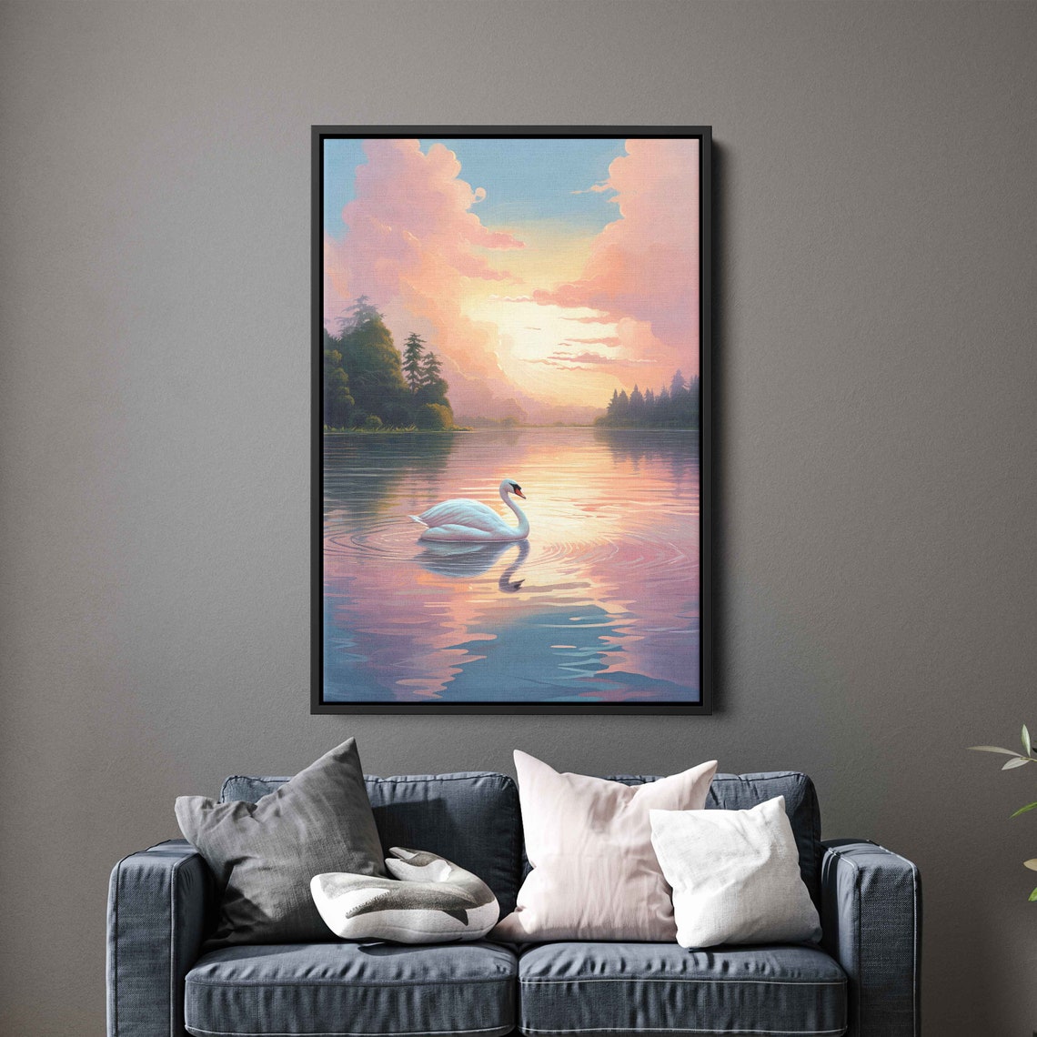 Graceful Serene White Swan Lake Sunset Pink Sky Reflection Poster - Image 3