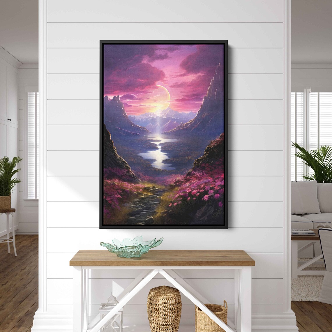 Pink Sunset Moonlit Mountain Valley River Flowers Fantasy Wall Poster