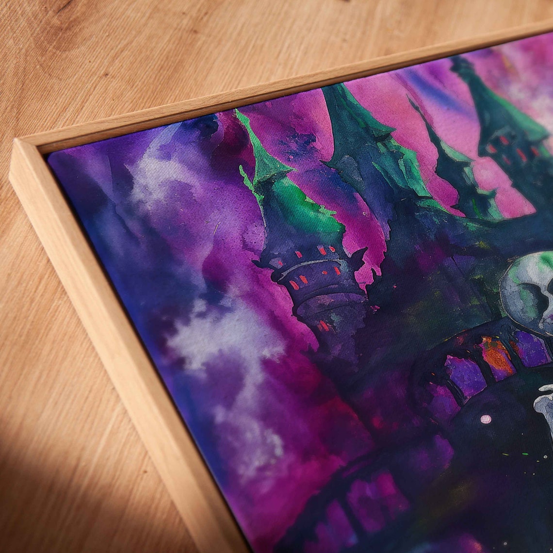 Skeleton Playing Electric Guitar Spooky Castle Watercolor Poster - Image 2
