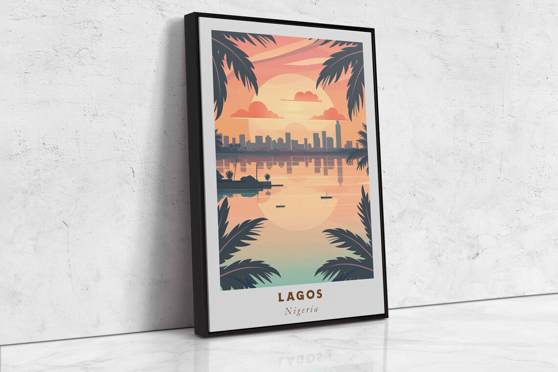 Lagos Nigeria Sunset Lagoon Skyline Palm Framed Harbor Travel Poster - Image 2