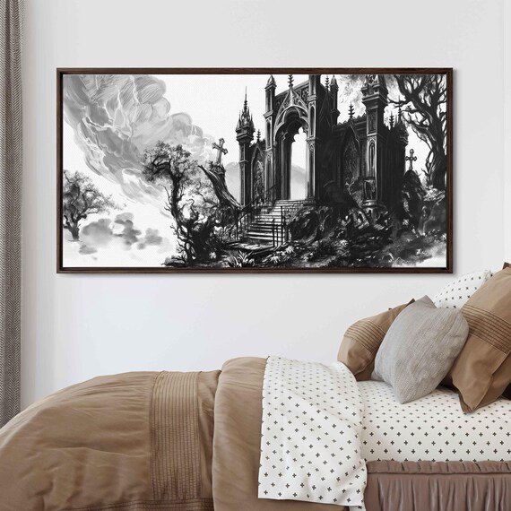 Gothic Ruined Tomb Chapel Pointed Arches Twisted Trees Ink Halloween Poster