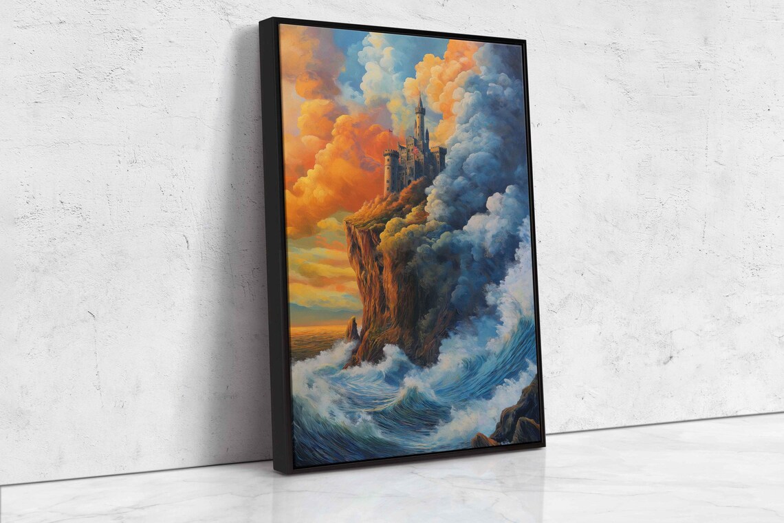 Castle On Cliff Over Stormy Sea Sunset Fantasy Oil Painting Art Poster - Image 4