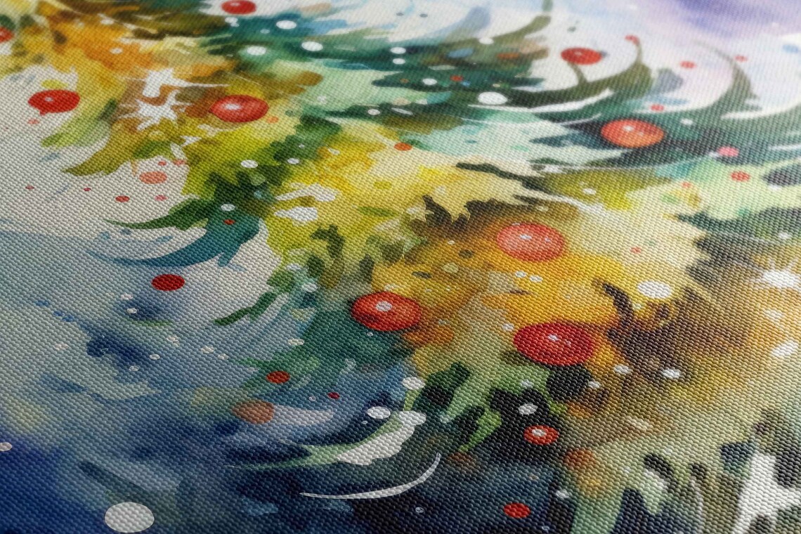 Snowy Watercolor Christmas Tree Red Ornaments Starry Sky Poster - Image 2