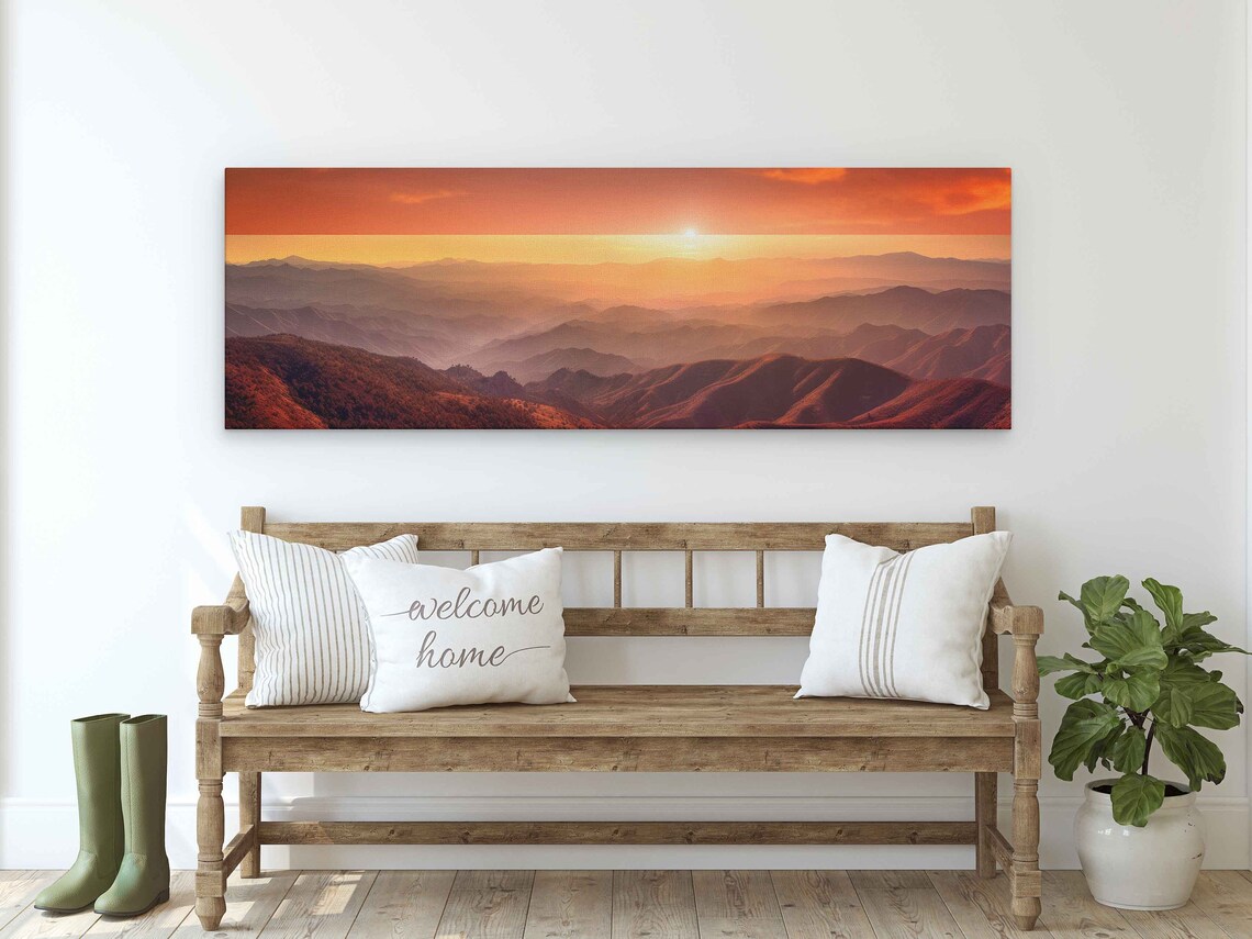 Panoramic Beautiful Sunset Over Mountain Landscape Print On Framed Option Ready To Hang - Image 3