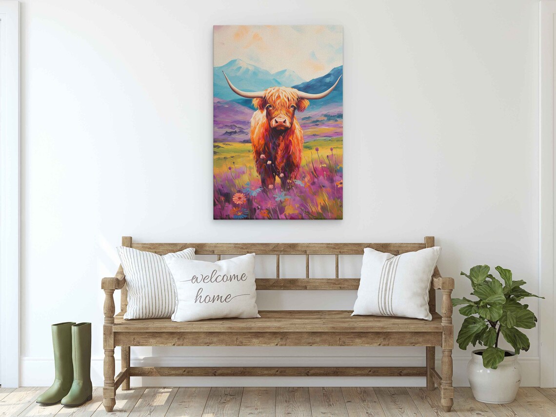 Highland Cow Colorful Painting, Rustic Farmhouse Art Print - Image 2