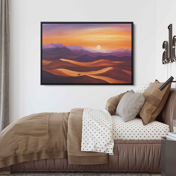 Desert Landscape At Sunset Wall Art Print Minimalistic Western Scenery Sand Dunes Camel In Desert Ready To Hang
