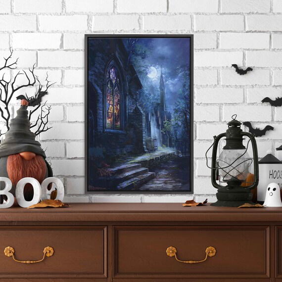 Eerie Old Church Moonlit Night Stained Glass Window Gothic Chapel Poster