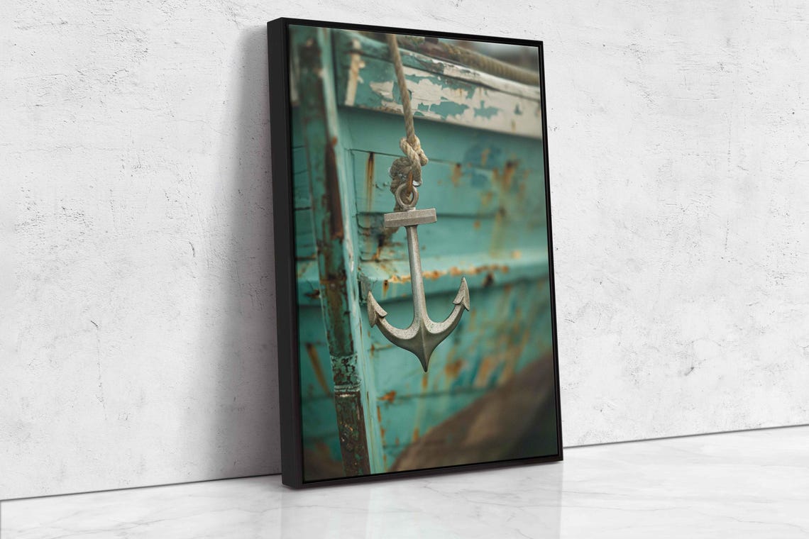 Silver Anchor Hanging On Rope Against Weathered Teal Boat Hull Poster - Image 4